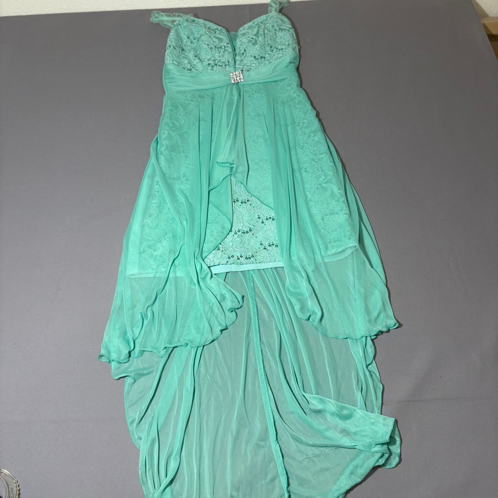 Teeze Me High-Low Formal Dress Womens Size 3 Teal Lace Sequin Rhinestone Brooch